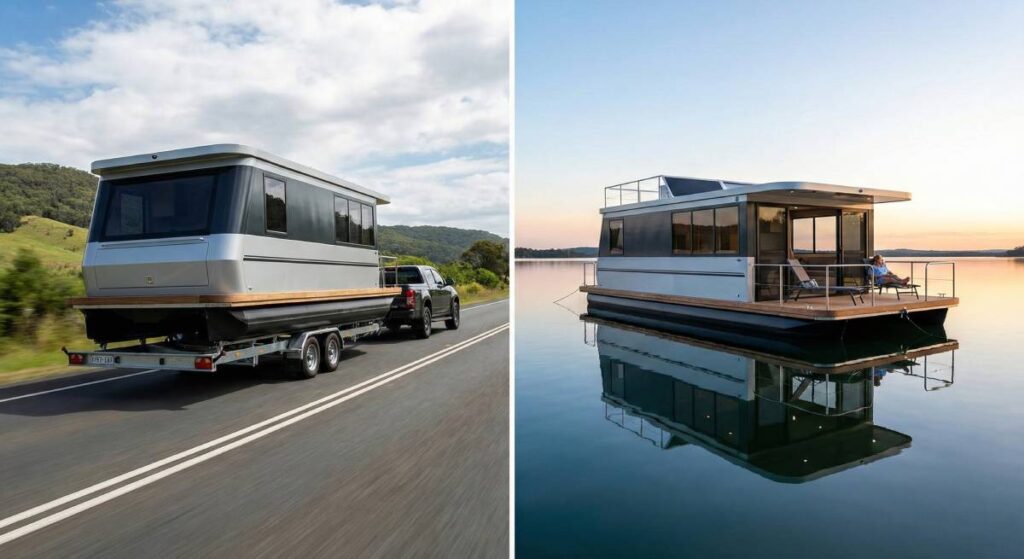 Caravan boat hybrid towed on land and cruising on water
